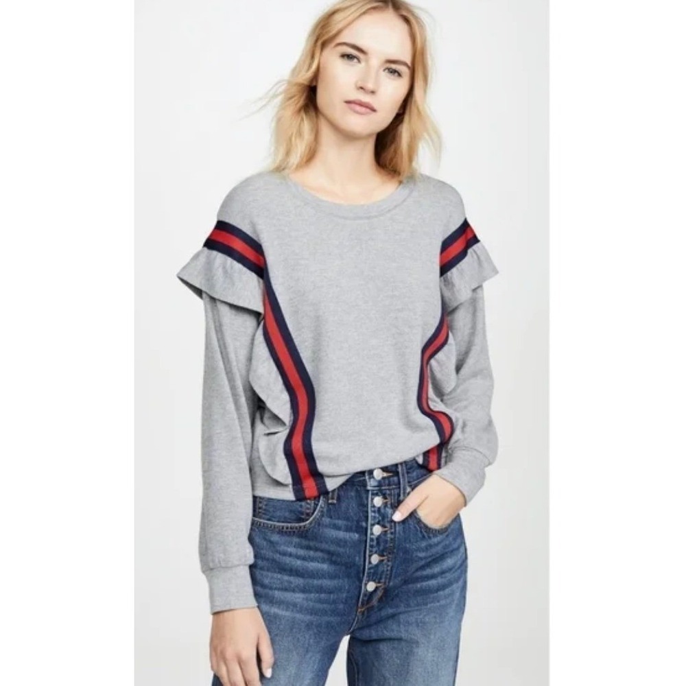 BB Dakota Sweatshirt Womens Small Gray Ruffle Red Stripe All Good Crew Neck